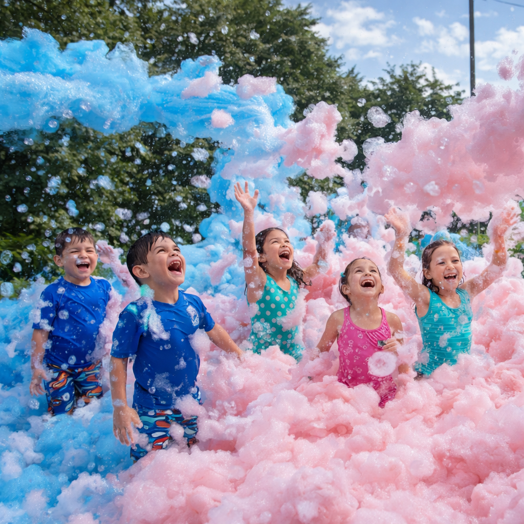 Kids playing in vibrant pink and blue foam at a colorful foam party rental event in Pittsburgh and Butler, PA