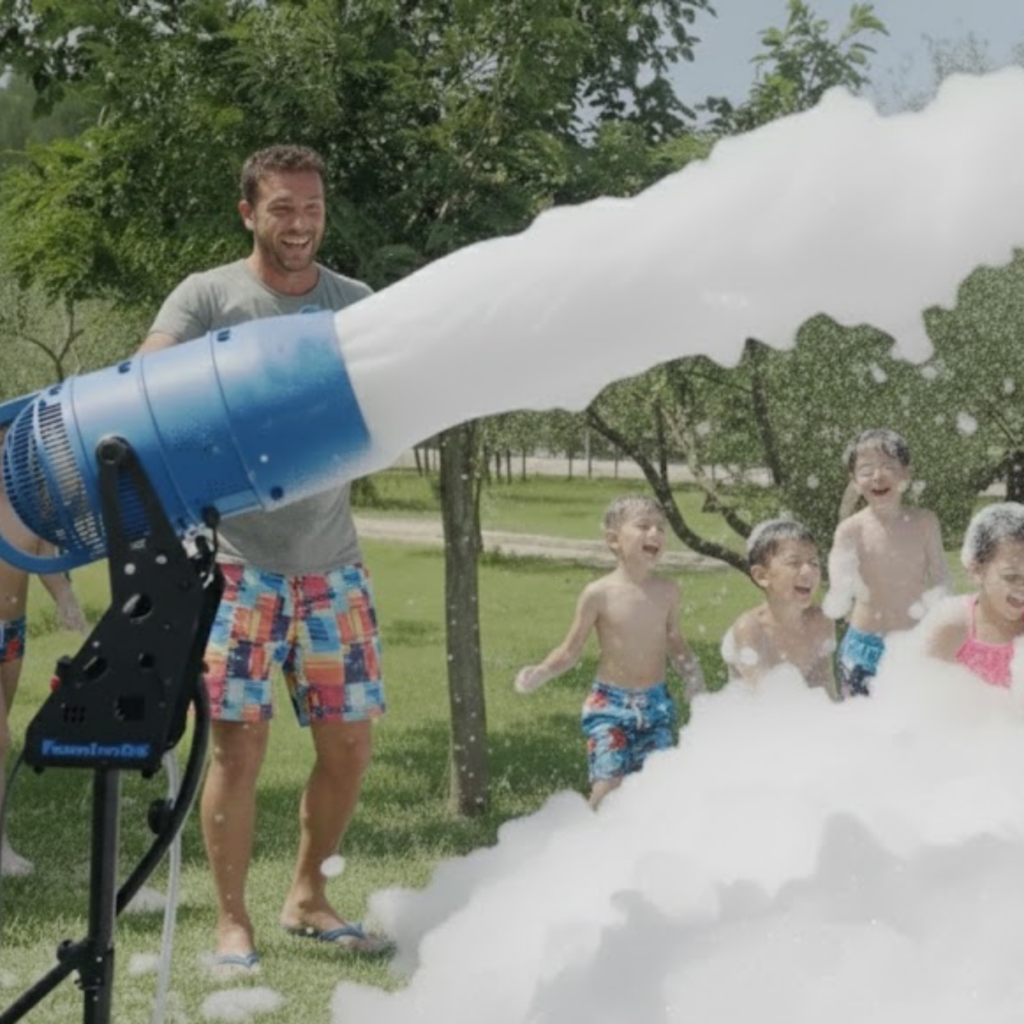 A professional, teacher-owned foam party setup in Butler PA, featuring a controlled foam zone and high-output cannon for a safe kid's birthday celebration.