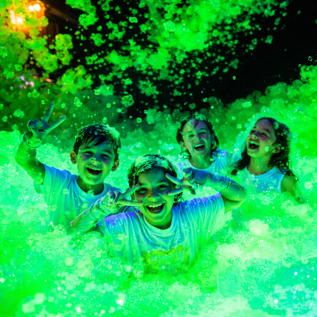 Kids playing in neon green glowing foam at a nighttime glow foam party rental in Pittsburgh and Butler, PA